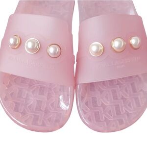 Karl Lagerfeld Paris Lt. Pink Pearl Accented Pool Slides Women’s size 7 New